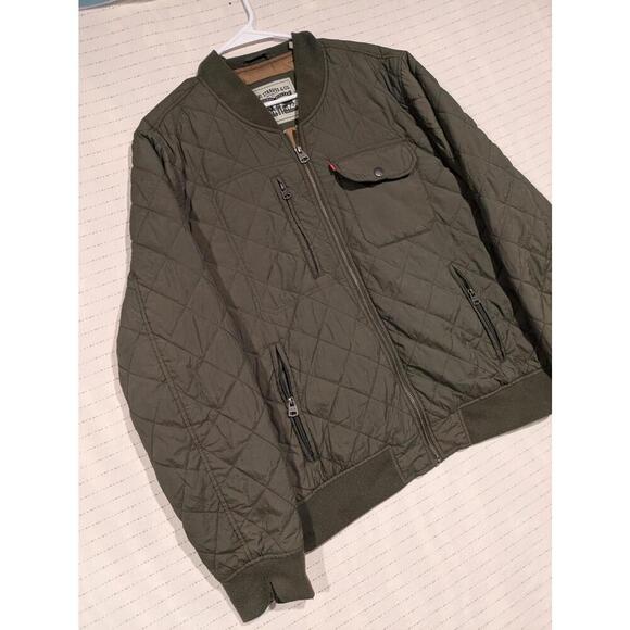Levi Strauss Quilted Olive Green Bomber Jacket Full Zip Nylon Mens Large 25x27 - Picture 2 of 10